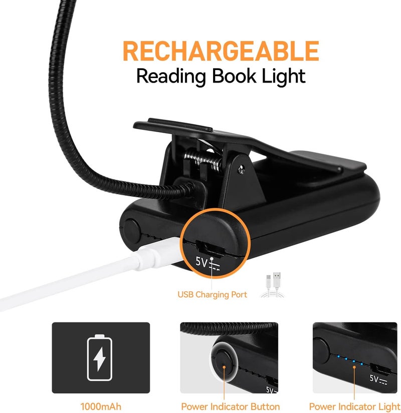 vavofo Amber Rechargeable Reading Light, Blue Light Blocking Book Light, 7 LEDs Eye Care 9 Colors 9 Brightness Clip On for Kids Bookworms Reading in Bed with Power Indicator Lasting 70h (Black) - Image 4